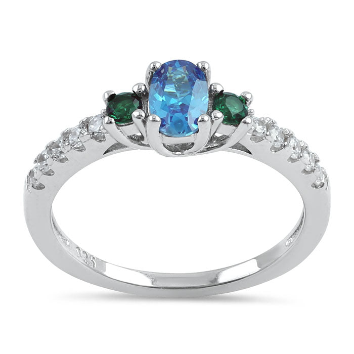 Sterling Silver Enchanted Oval Green and Blue Topaz CZ Ring