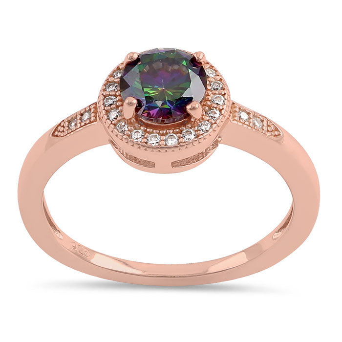 Sterling Silver Elegant Round Halo Rainbow CZ Rose Gold Plated Ring