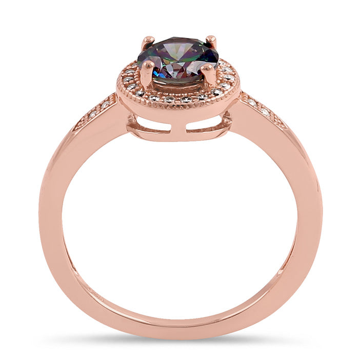 Sterling Silver Elegant Round Halo Rainbow CZ Rose Gold Plated Ring