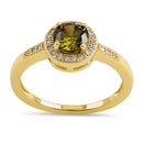 Sterling Silver Elegant Round Halo Peridot CZ Yellow Gold Plated Ring