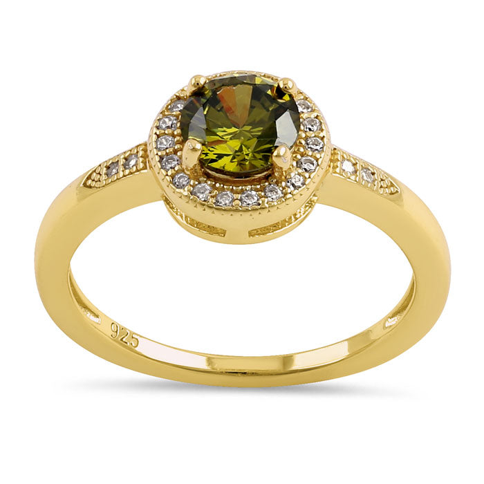 Sterling Silver Elegant Round Halo Peridot CZ Yellow Gold Plated Ring