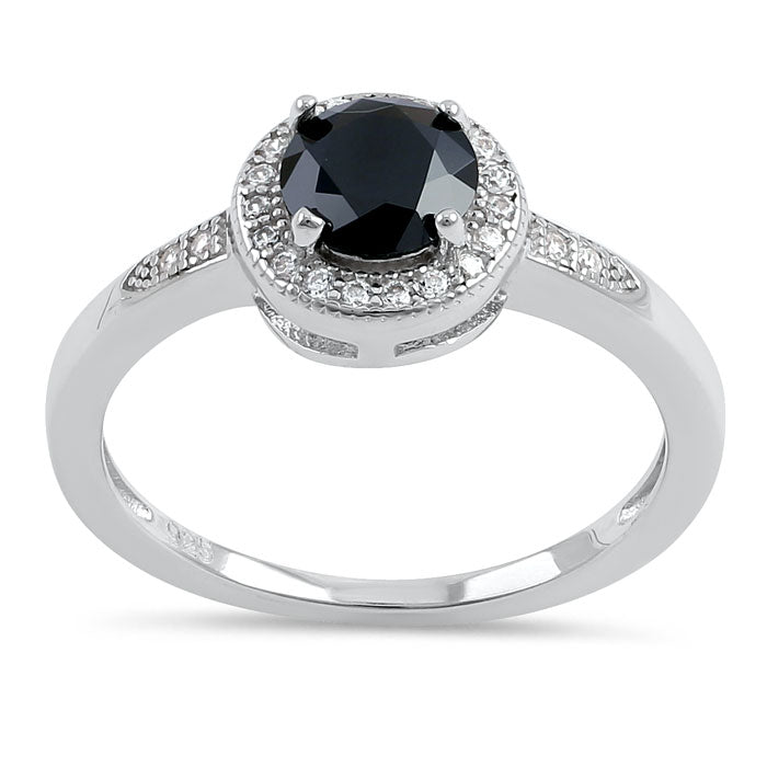 Sterling Silver Elegant Round Halo Black CZ Ring