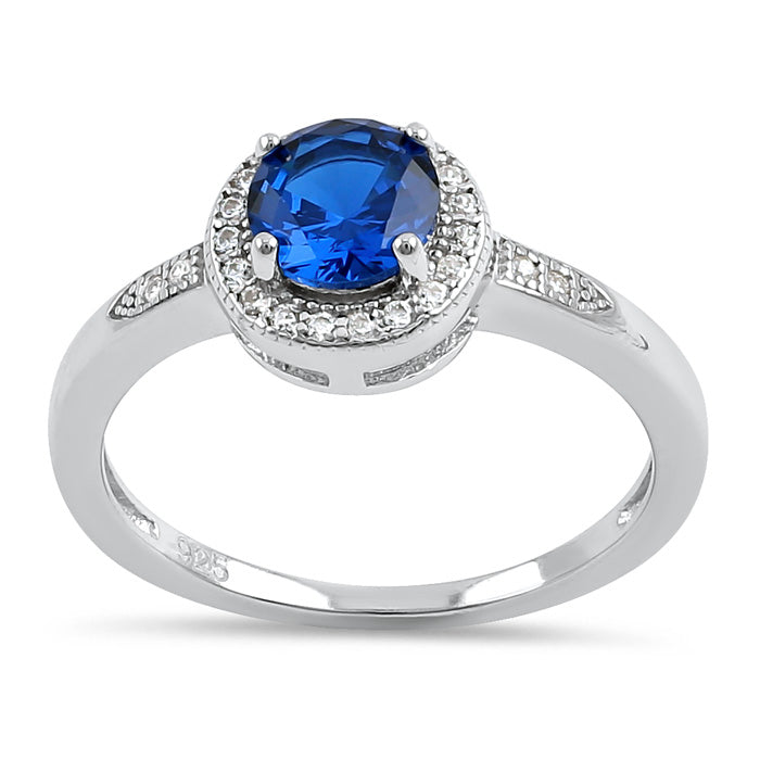 Sterling Silver Elegant Round Halo Blue CZ Ring