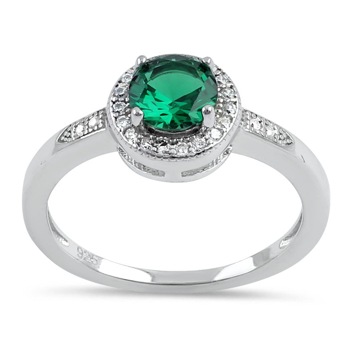 Sterling Silver Elegant Round Halo Green CZ Ring