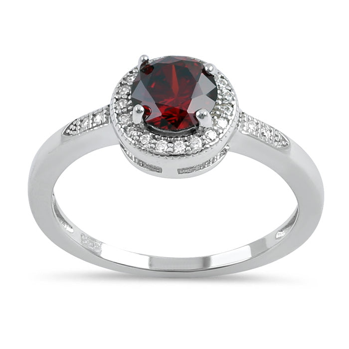 Sterling Silver Elegant Round Halo Dark Garnet CZ Ring