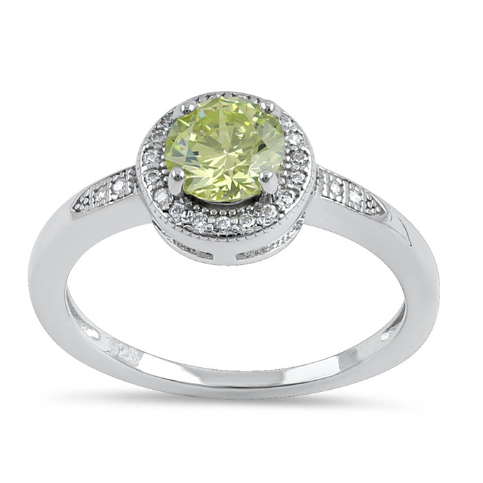 Sterling Silver Elegant Round Halo Dark Apple Green CZ Ring