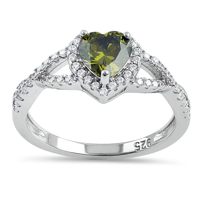 Sterling Silver Heart Halo Twist Peridot CZ Ring