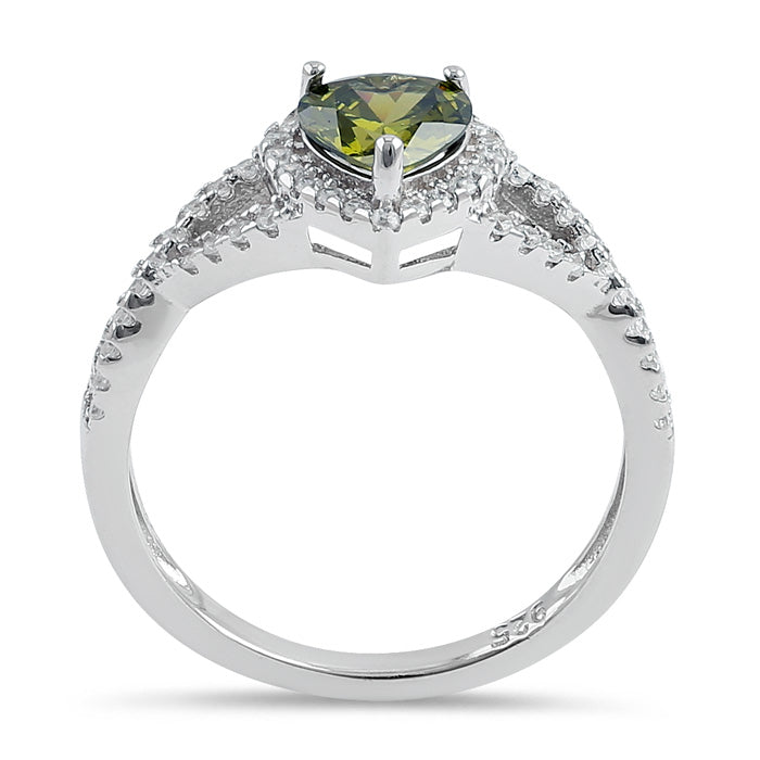 Sterling Silver Heart Halo Twist Peridot CZ Ring