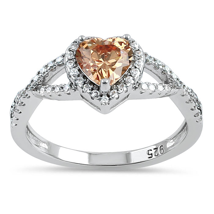 Sterling Silver Heart Halo Twist Champaigne CZ Ring