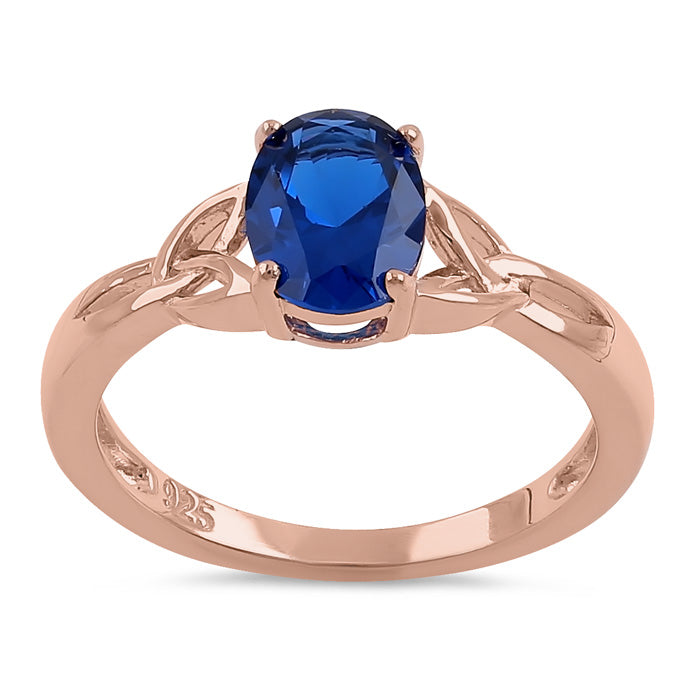 Sterling Silver Rose Gold Plated Charmed Oval Blue CZ Ring