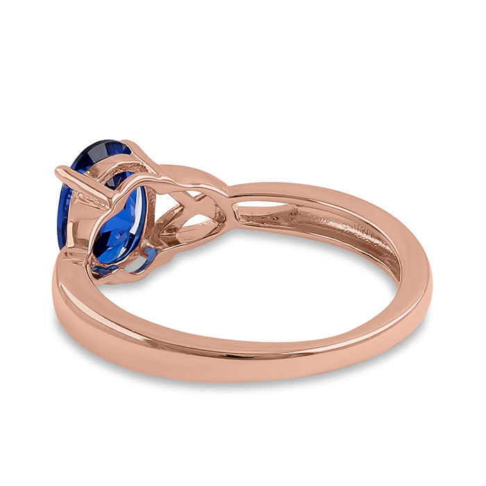 Sterling Silver Rose Gold Plated Charmed Oval Blue CZ Ring