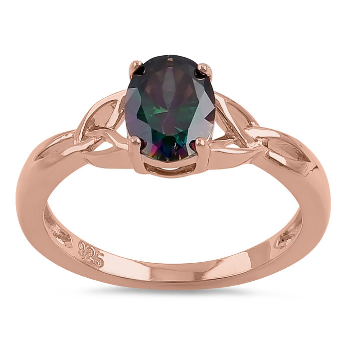 Sterling Silver Rose Gold Plated Charmed Oval Rainbow CZ Ring