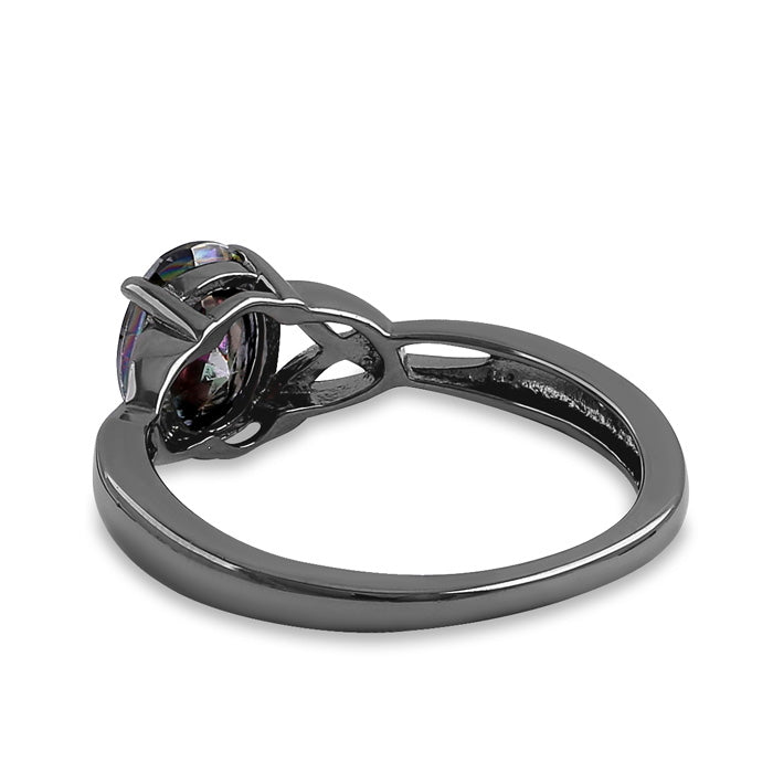 Sterling Silver Black Rhodium Plated Charmed Oval Rainbow CZ Ring