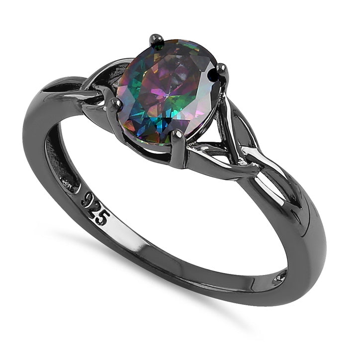 Sterling Silver Black Rhodium Plated Charmed Oval Rainbow CZ Ring