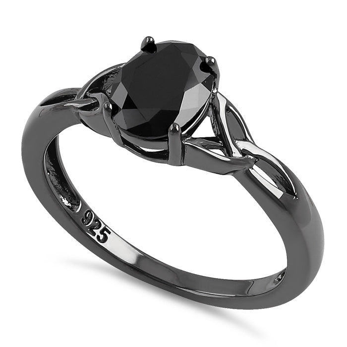 Sterling Silver Black Rhodium Plated Charmed Oval Black CZ Ring