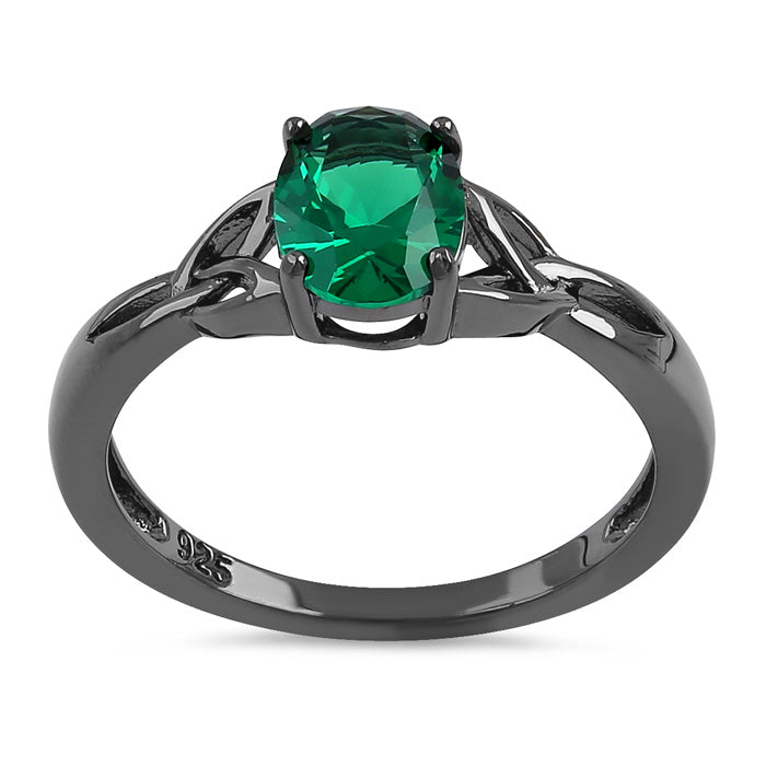 Sterling Silver Black Rhodium Plated Charmed Oval Green CZ Ring
