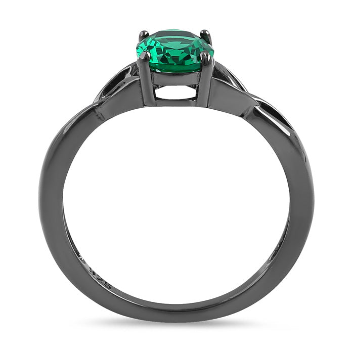 Sterling Silver Black Rhodium Plated Charmed Oval Green CZ Ring