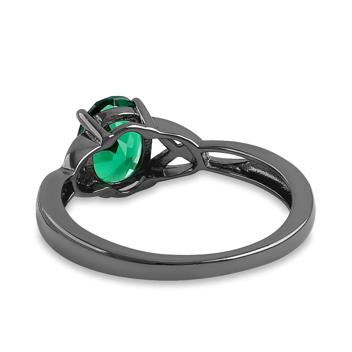 Sterling Silver Black Rhodium Plated Charmed Oval Green CZ Ring