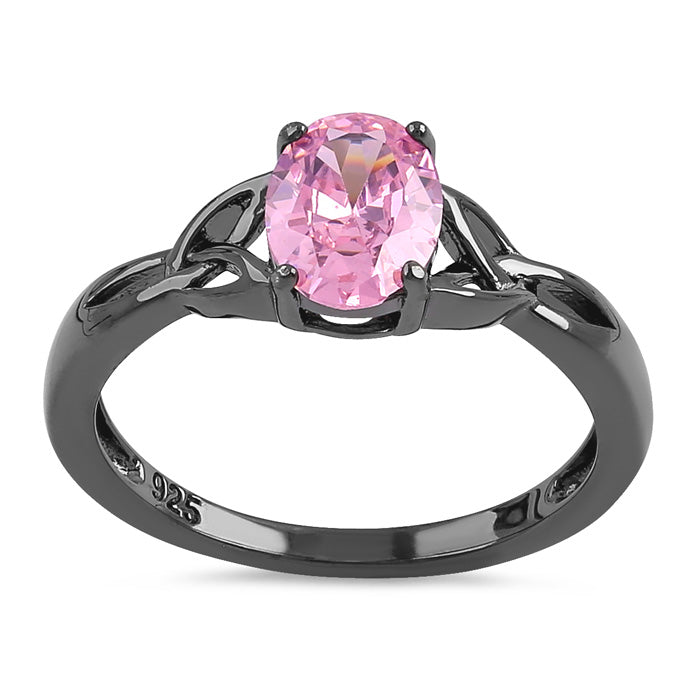 Sterling Silver Black Rhodium Plated Charmed Oval Pink CZ Ring