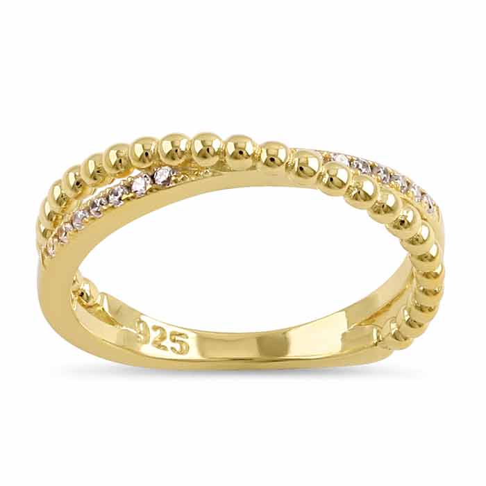 Sterling Silver Gold Plated Overlap Beads Clear CZ Ring