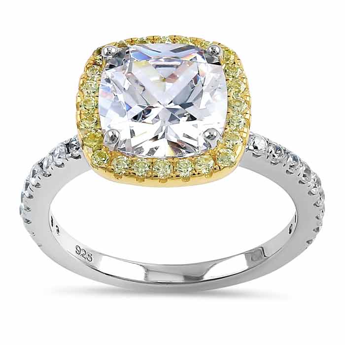 Sterling Silver Muti-Plated Cushion Cut Yellow and Clear CZ Ring