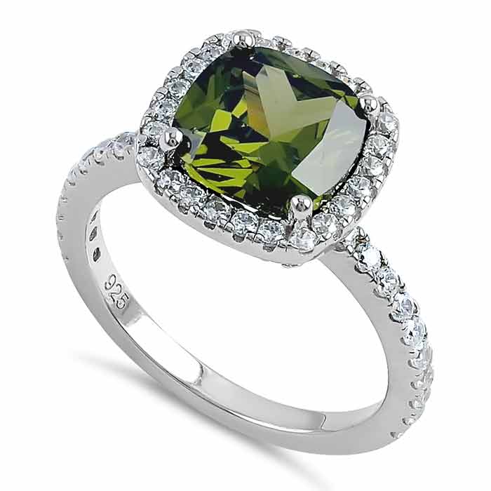 Sterling Silver Cushion Cut Peridot and Clear CZ Ring