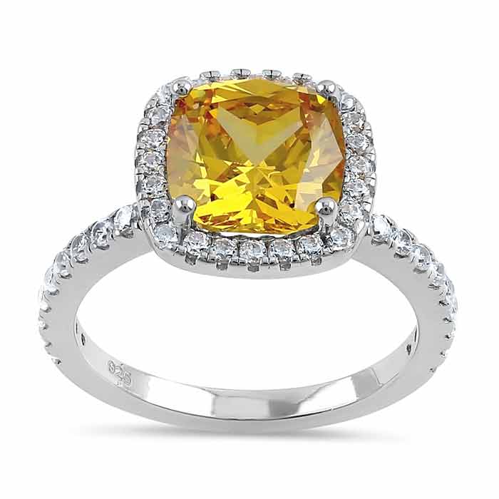Sterling Silver Cushion Cut Golden Yellow and Clear CZ Ring