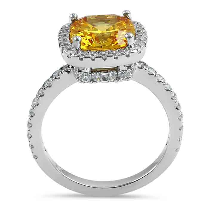 Sterling Silver Cushion Cut Golden Yellow and Clear CZ Ring