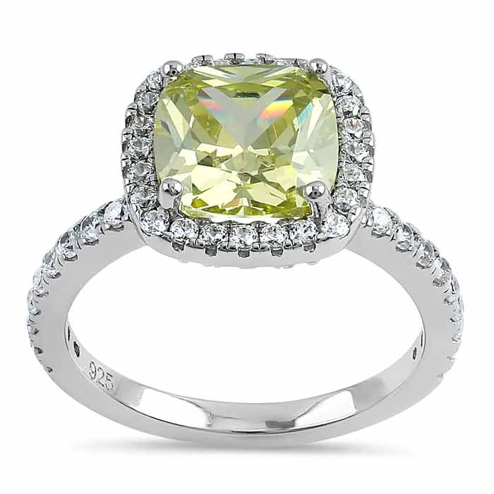 Sterling Silver Cushion Cut Apple Green CZ Ring