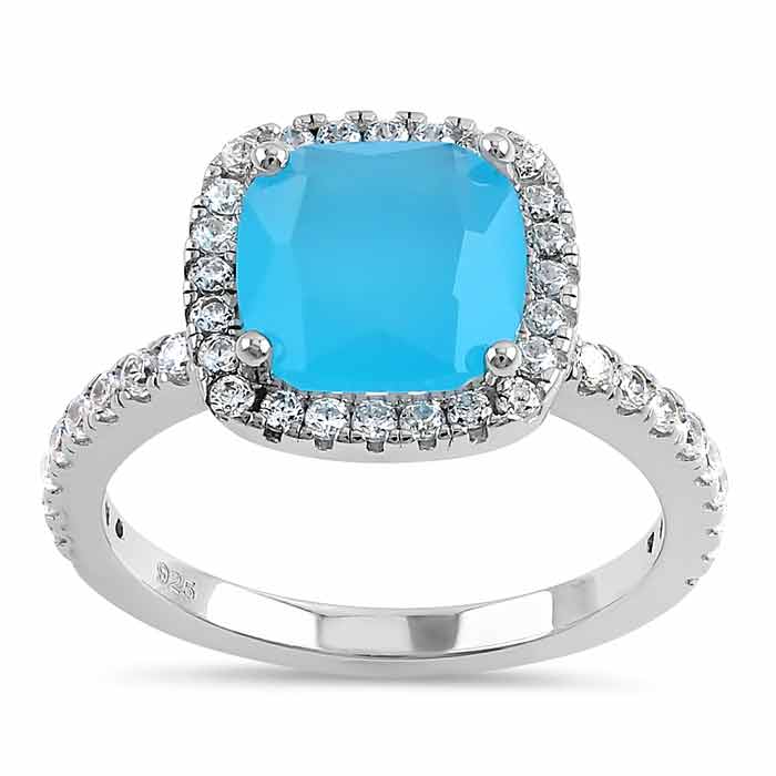 Sterling Silver Cushion Cut Light Blue Cloudy Glass and Clear CZ Ring