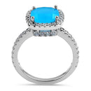 Sterling Silver Cushion Cut Light Blue Cloudy Glass and Clear CZ Ring
