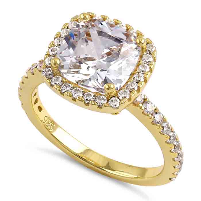 Sterling Silver Gold Plated Cushion Cut Clear CZ Ring