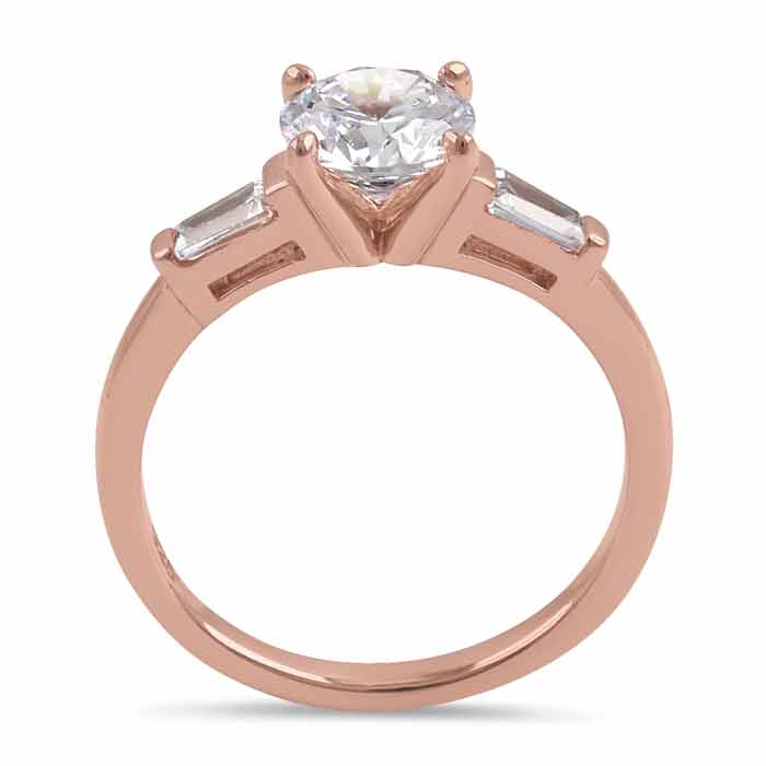 Sterling Silver Rose Gold Plated Round and Baguette Cut Clear CZ Ring
