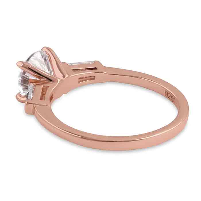 Sterling Silver Rose Gold Plated Round and Baguette Cut Clear CZ Ring