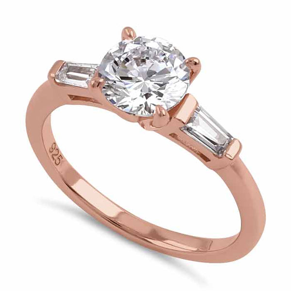 Sterling Silver Rose Gold Plated Round and Baguette Cut Clear CZ Ring