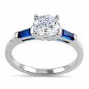 Sterling Silver Round and Baguette Cut Blue and Clear CZ Ring