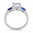 Sterling Silver Round and Baguette Cut Blue and Clear CZ Ring