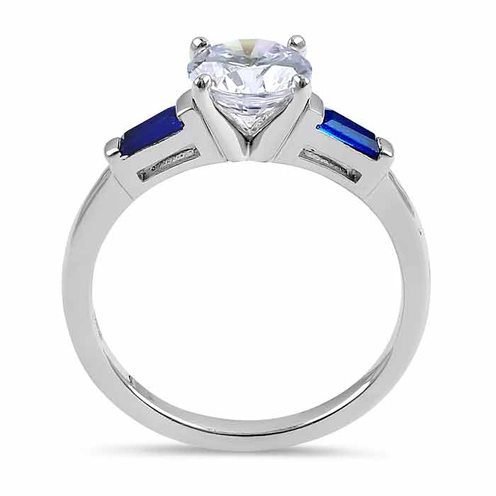 Sterling Silver Round and Baguette Cut Blue and Clear CZ Ring