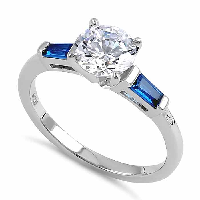 Sterling Silver Round and Baguette Cut Blue and Clear CZ Ring