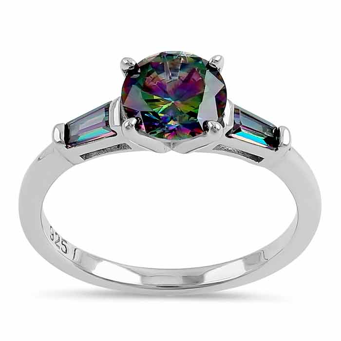 Sterling Silver Round and Baguette Cut Rainbow CZ Ring