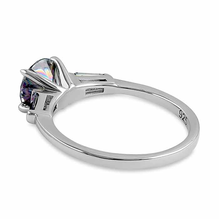 Sterling Silver Round and Baguette Cut Rainbow CZ Ring