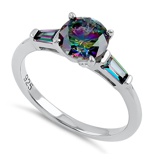 Sterling Silver Round and Baguette Cut Rainbow CZ Ring