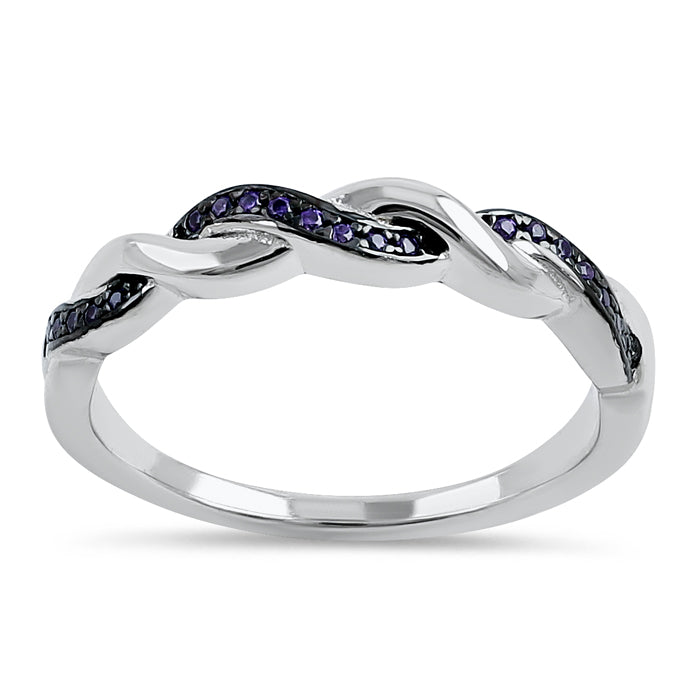 Sterling Silver and Black Rhodium Plated Braided with Amethyst CZ Ring