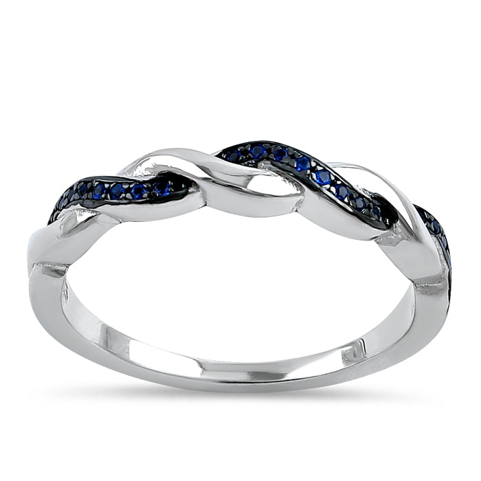 Sterling Silver and Black Rhodium Plated Braided with Blue CZ Ring