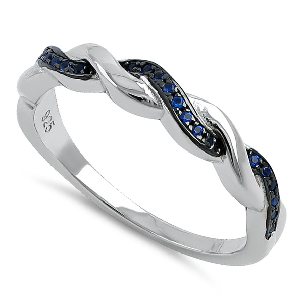 Sterling Silver and Black Rhodium Plated Braided with Blue CZ Ring