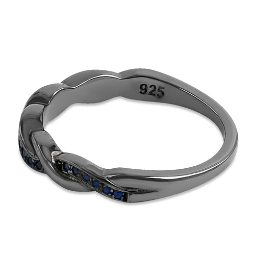 Sterling Silver Black Rhodium Plated Braided with Blue CZ Ring