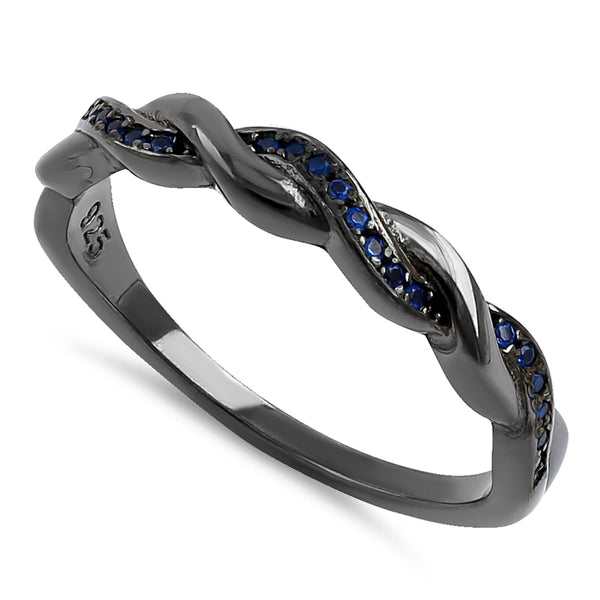 Sterling Silver Black Rhodium Plated Braided with Blue CZ Ring