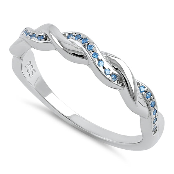 Sterling Silver Braided Aqua Blue CZ Ring