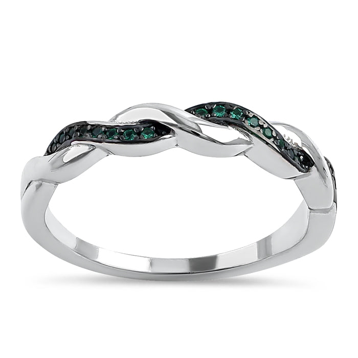 Sterling Silver and Black Rhodium Plated Braided Green CZ Ring