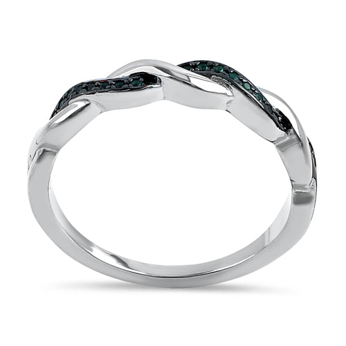 Sterling Silver and Black Rhodium Plated Braided Green CZ Ring